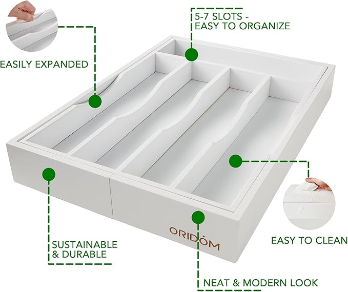 Expandable Bamboo Kitchen Drawer Organizer for Cutlery and Utensils, Adjustable Bamboo Wood Cutlery Tray in Drawer for Flatware and Silverware in Kitchen, (White) - Image 5