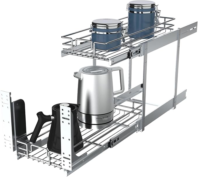 2 Tier Pull Out Cabinet Organizer, 9" W x 21" D Heavy-Duty Metal Sliding Drawer Shelf for Kitchen Cabinets, Chrome, Doesn't Include Door Fittings - Image 4