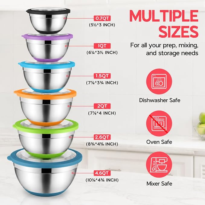 Onader Colorful Mixing Bowl Set of 6 for Kitchen, Large Stainless Steel Metal Nesting Mixing Bowls with Airtight Lids, Non Slip - Size 0.7, 1, 1.5, 2, 2.6, 4.6QT - Image 2