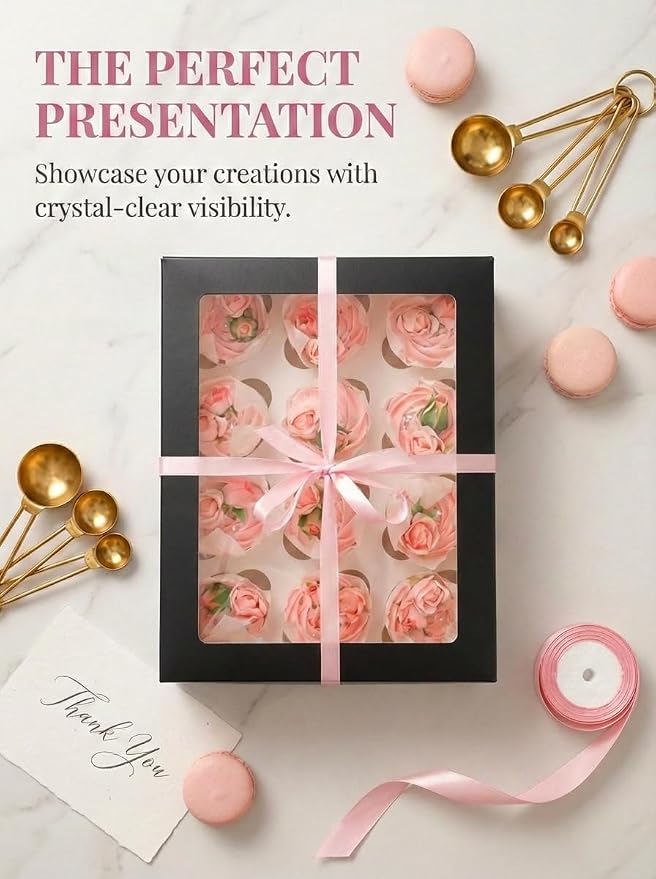 qiqee Auto-pop Up Cupcake Boxes with Window Black 40PCS 12 Count Cupcake Box 13"x10"x3.5" Cupcakes Carrier, 12 Cupcake Containers with 2 rolls of pink ribbons - Image 6