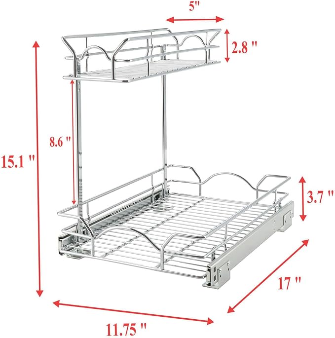 OCG Under Sink Cabinet Organizer Two Tier Pull Out Shelf (11.75W x 17D), Under Sink Sliding Shelf for Kitchen Bathroom Cabinet 2 Tier Chrome - Image 2