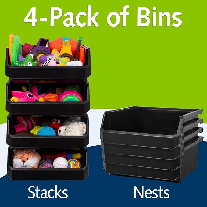 Extra Large Stackable Plastic Storage Bins, 4-Pack, Black | Open-Front Stackable Bins For Garage, Pantry, Closet & Office, 14,8"L X 16,5"W X 7"H, Nests When Empty, Durable Plastic, - Image 4