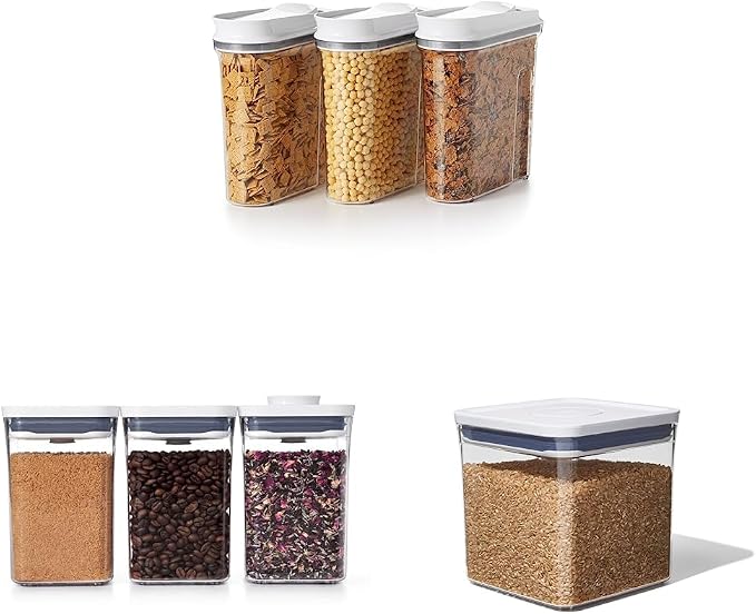 OXO Good Grips 3-Piece POP Cereal Dispenser Set & Good Grips 3-PC Small Square Short POP Container Set, White & Good Grips POP Container - Airtight Food Storage - 2.8 Qt for Rice, Sugar and More by OXO
