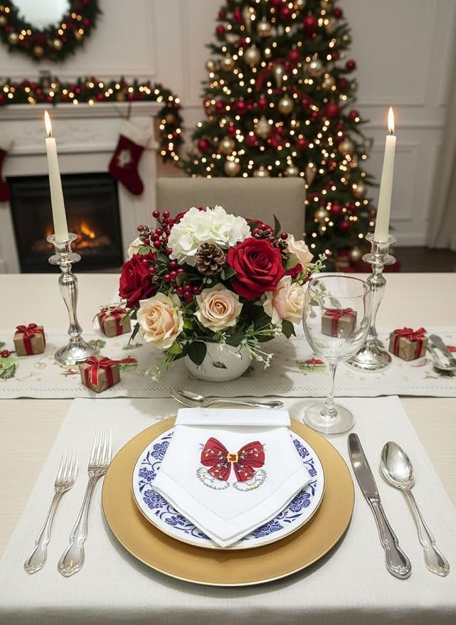 Embroidered Cloth Napkin Red Bow Christmas Cotton Napkins Set of 6, 20x20 Hemstitch Table Napkins, Machine Washable, Daily & Holidays, Great Gift Ideas - Image 2