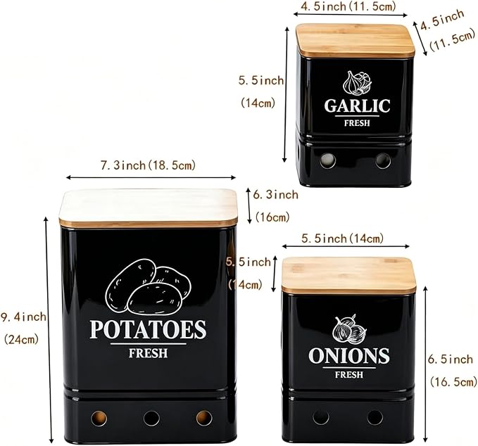 Kitchen Vegetable Storage Tins Set Of 3, Potato Onion Garlic Canisters | Storing potatoes, onions, and garlic. Features aerating holes to keep vegetables fresh and wooden lids(Black 1) - Image 3