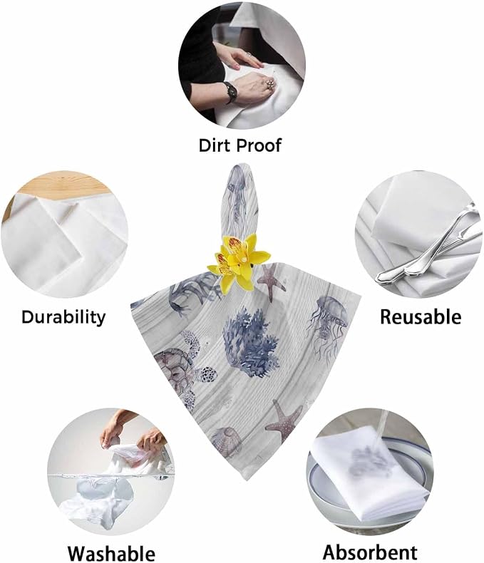 Coastal Starfish Cloth Napkins Set of 6 - Ocean Turtle Seashells Jellyfish Wood Grain Washable Dinner Napkins Reusable Table Napkins for Party Weeding Dining Table Setting Decoration,Oversized 20"x20" - Image 6