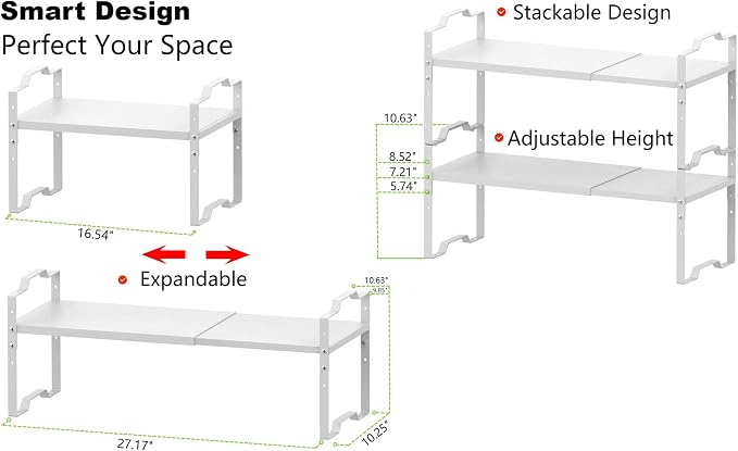 Jojocross Expandable Shelf for Cabinet Organizer Adjustable Stackable Spice Rack at Kitchen and Bathroom More, Counter Countertop Cupboard Organization Pantry Storage(LARGE/1PACK/WHITE) - Image 6