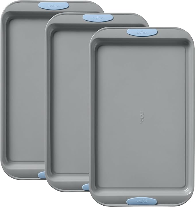 Pyrex 3-Piece Metal Cookie Sheet Bakeware Set, Cerulean | Lightweight stainless steel baking trays with heatsafe silicone handles, made without PFAS, mercury, lead, cadmium & BPA by Pyrex