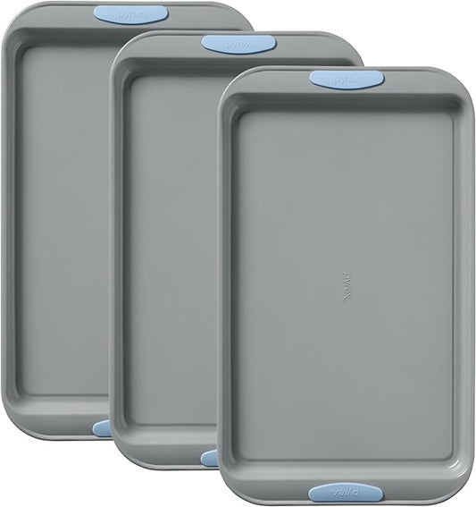 Pyrex 3-Piece Metal Cookie Sheet Bakeware Set, Cerulean | Lightweight stainless steel baking trays with heatsafe silicone handles, made without PFAS, mercury, lead, cadmium & BPA by Pyrex