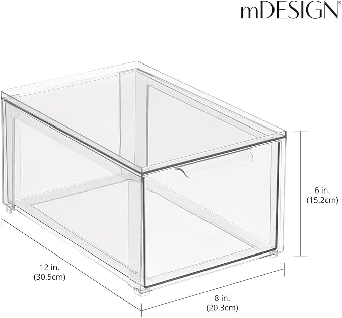 mDesign Plastic Stackable Bathroom Storage with Pull Out Bin Organizer Drawer for Cabinet, Vanity, Shelf, Cupboard, Cabinet, or Closet Organization - Lumiere Collection - Clear - Image 3