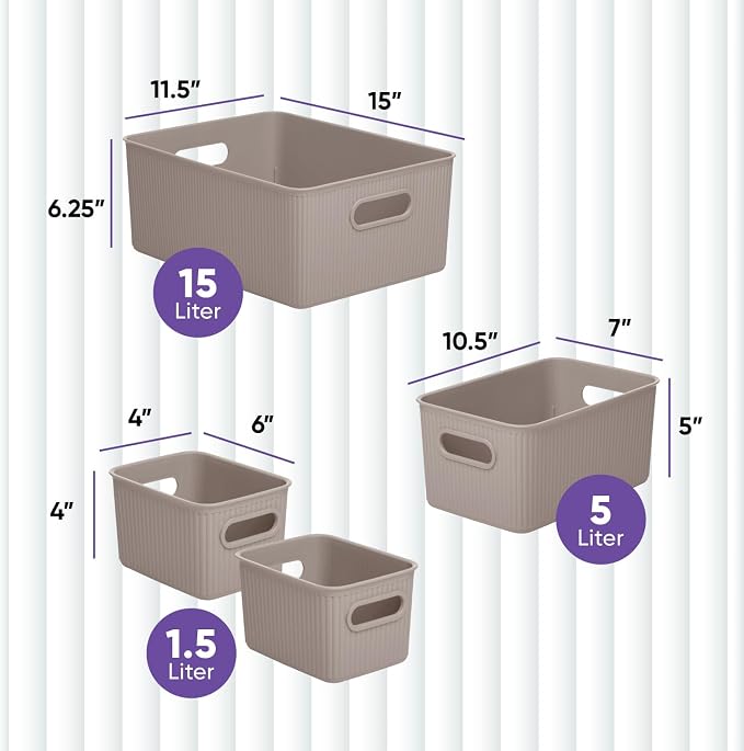 Superio Ribbed Collection - Decorative Plastic Basket Open Home Storage Bins Organizer, Taupe (Set of 4) 1 Large, 1 Medium, 2 Small - Container Boxes for Organizing Closet Storage Bins for Shelves - Image 2