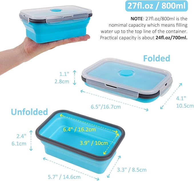 Collapsible Food Storage Containers with Airtight Lid & Vent Valve, 27 oz, Annaklin Kitchen Stacking Silicone Collapsible Meal Prep Container Set for Leftover, Microwave Freezer Safe, Blue, Set of 4 - Image 8