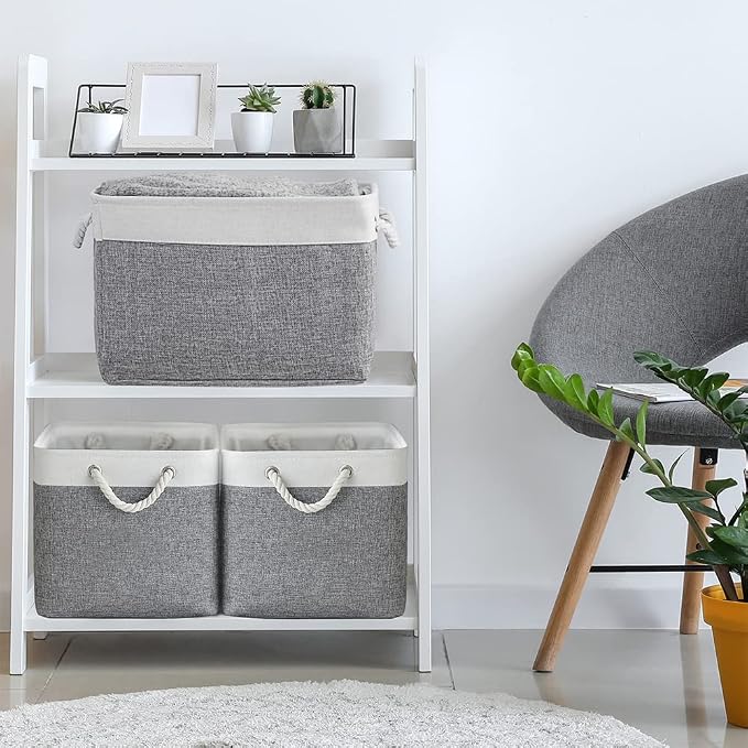 Organization and Storage Basket for Organizing - 3 Pack 16x12x12 inch Cube Storage Bin Fabric Storage Cubes for Organizer Cloth Gift Toy Closet (White & Grey) - Image 3