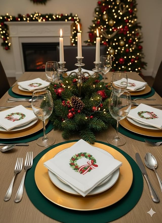 – Embroidered Cloth Napkin Holly Christmas Wreath Cotton Napkins Set of 6, 20 x 20”, Hemstitch Table Napkins, Machine Washable, Daily & Holidays, Great Gift Ideas - Image 7