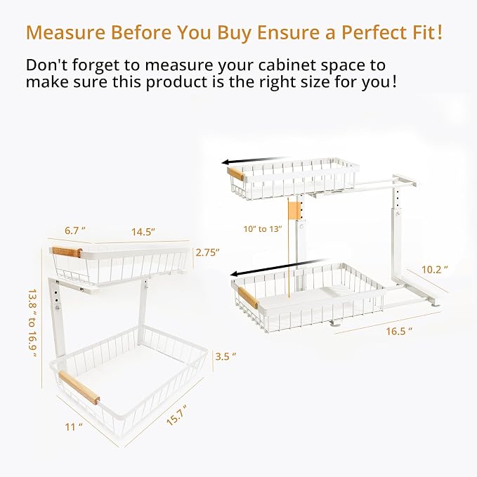 Under Sink Organizer, 2 Tier Pull Out Cabinet Organizers and Storage for Kitchen Bathroom Pantry Laundry, Adjustable Height, Slide Out Thickened Metal Storage Shelf (White, 1 Pack) - Image 3