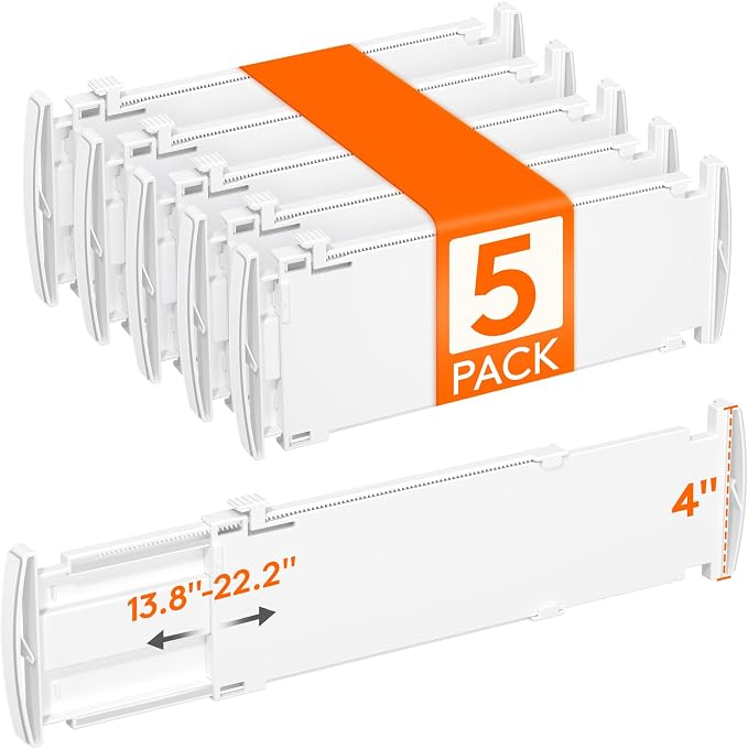 Lifewit 5 Pack 4" High Drawer Dividers, Adjustable Drawer Organizer Clothes | 13.8"-22.2" Expandable White Plastic Separators for Dresser, Kitchen, Cabinet, Nursery, Office, Socks & Underwear Storage by Lifewit