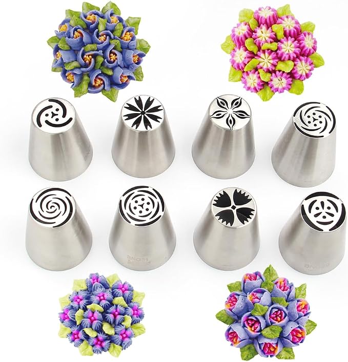 11 Pieces Stainless Steel Medium Russian Tulip Icing Tips Set | Cupcake Flower Shaped Frosting Nozzle Kit For Pastry Cupcakes Cakes Cookies Decorating,Stainless Steel Flora Piping Tips by ChooYes