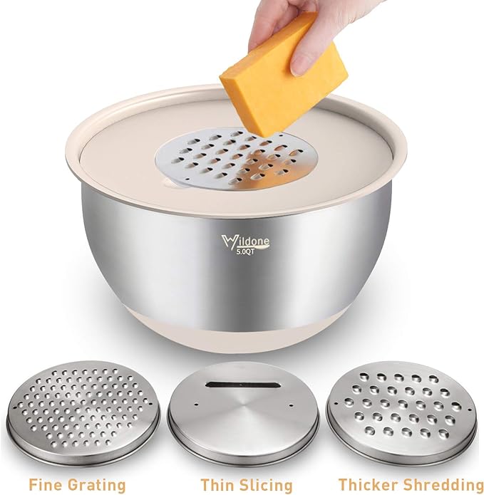 Wildone Mixing Bowls with Airtight Lids Set, 5PCS Stainless Steel Khaki Nesting Bowls for Kitchen, with Grater Attachments & Non-Slip Bottoms, Size 5, 3, 2, 1.5, 0.63 QT, Great for Mixing & Serving - Image 3
