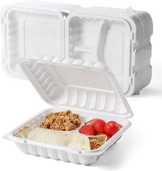 YANGRUI 65-Pack 30oz 7.8" White Meal Prep Box - Shrink Wrapped No Pre-Wash | 3-Compartment Heavy Duty Mineral PP, Microwave & Freezer Safe | Reusable Portion Control Lunch Containers for Party & Picnic by YANGRUI