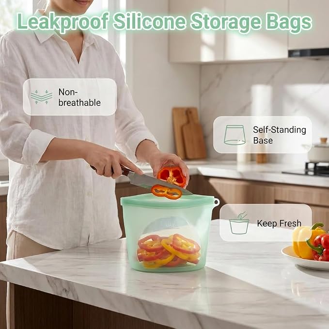 Reusable Silicone Food Storage Bags, Leakproof Sous Vide Bags, Premium Lunch Containers, Reusable Freezer Bags, Dishwasher Oven Microwave Freezer Safe, Premium Lunch Containers Safe 2 Pack - Image 3