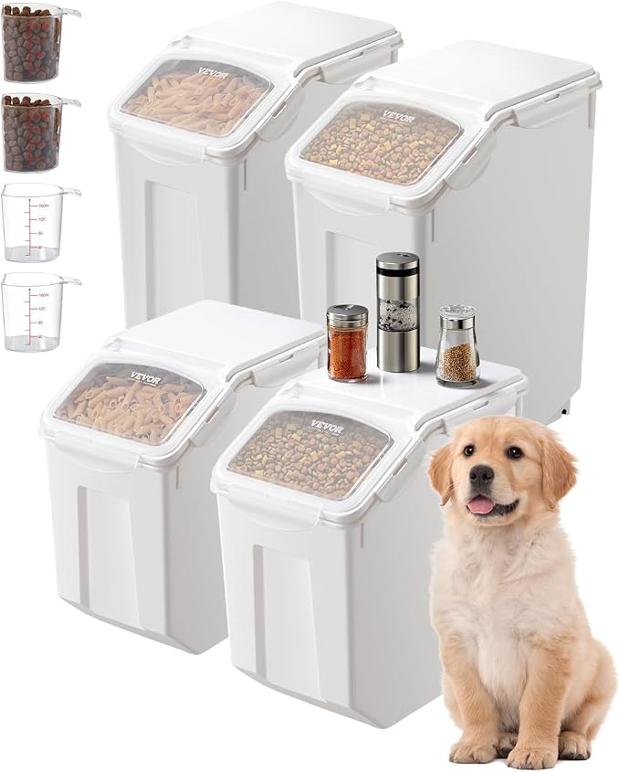 VEVOR Rice Storage Container, 3.5Gal/15Lx2 + 4.5Gal/20Lx2 Large Dog Food Dispenser Bin, Kitchen Ingredient Grain Cereal Bin, Pet food Containers with Wheels, 4 Measuring Cups, Airtight Lid, 4 Pack by VEVOR