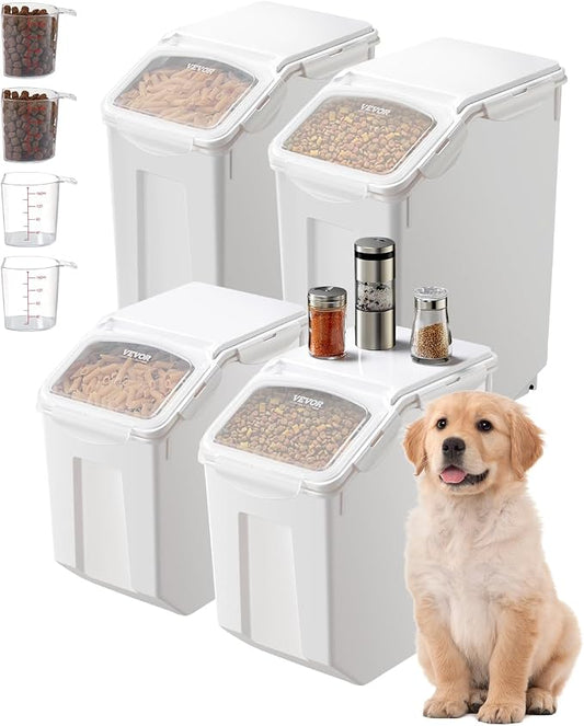 VEVOR Rice Storage Container, 3.5Gal/15Lx2 + 4.5Gal/20Lx2 Large Dog Food Dispenser Bin, Kitchen Ingredient Grain Cereal Bin, Pet food Containers with Wheels, 4 Measuring Cups, Airtight Lid, 4 Pack by VEVOR