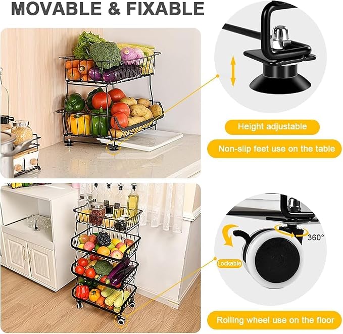 Fruit Vegetable Storage Basket, 4 Tier Stackable Metal Wire Storage Baskets with Wheels, Fruit Vegetable Produce Basket Organizer Bins for Kitchen, Pantry, Bathroom - Image 5