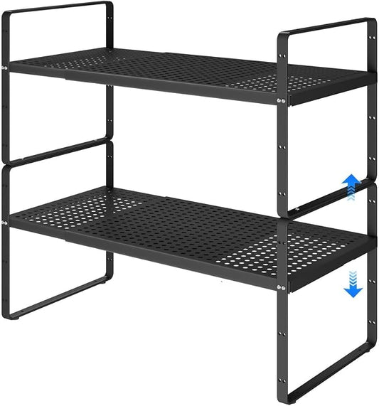 Expandable Cabinet Shelf Organizers, Kitchen Small Stand Rack Organization for Countertop Cupborad Pantry Desktop Spice Rack, Black 2 Pack by KIKIBRO
