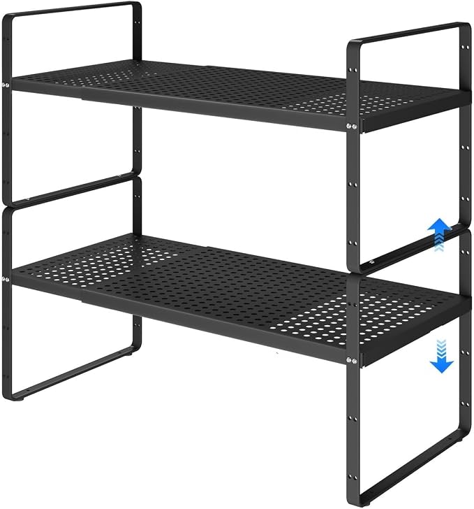 Expandable Kitchen Shelf Organizers, Kitchen Cabinet Organizer Stand Rack Organization for Countertop Office Desktop Spice Rack, Black 2 Pack by KIKIBRO