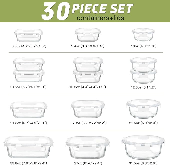 BAYZZ 30 Piece Glass Food Storage Containers Set, Glass Meal Prep Containers with Lids, Airtight Lunch Box, BPA-Free, Microwave, Freezer & Dishwasher Safe,White - Image 7
