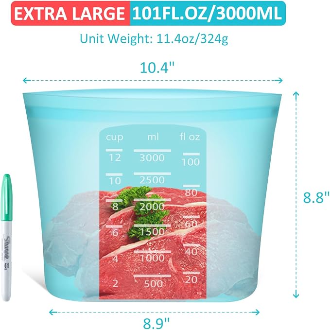 Reusable Food Storage Bags Extra Large, 0.8 Gallon/101 fl.oz/3000 ml, 4 Pack 100% Silicone Food Storage Bags Stand-Up Wide-Mouth Zip-Lock for Large Items, Freezer Microwave Oven Dishwasher Safe, Blue - Image 3