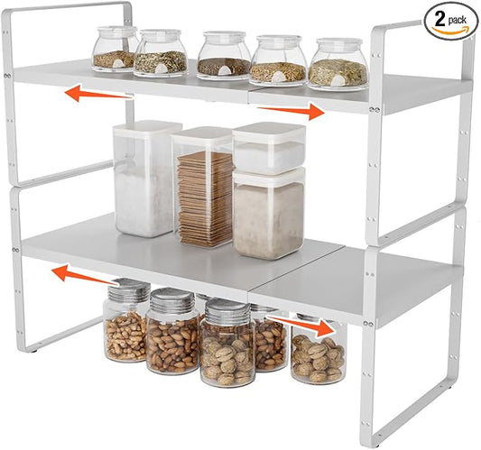 2Pack 16.5-27''L Expandable Stackable Cabinet Shelves, White | 10.2"W x 9.6"H, Adjustable Spice Rack, For Kitchen, Countertop, Pantry and Cupboard by DPZM