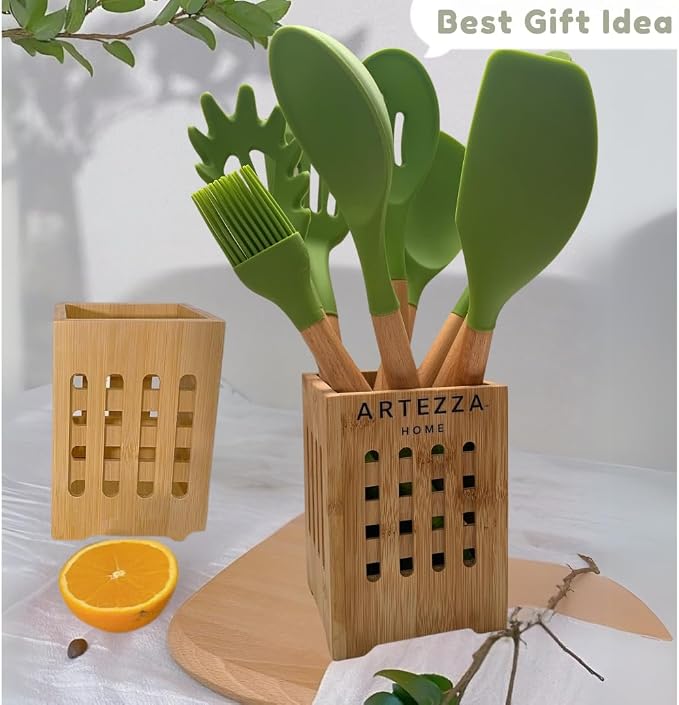 Green Silicone Kitchen Utensil Set – 10-Piece Cooking Tools with Wooden Handles & Ventilated Bamboo Holder, Heat-Resistant Silicone, Nonstick Safe, BPA-Free Kitchen Gadgets Set – Sage Green - Image 3