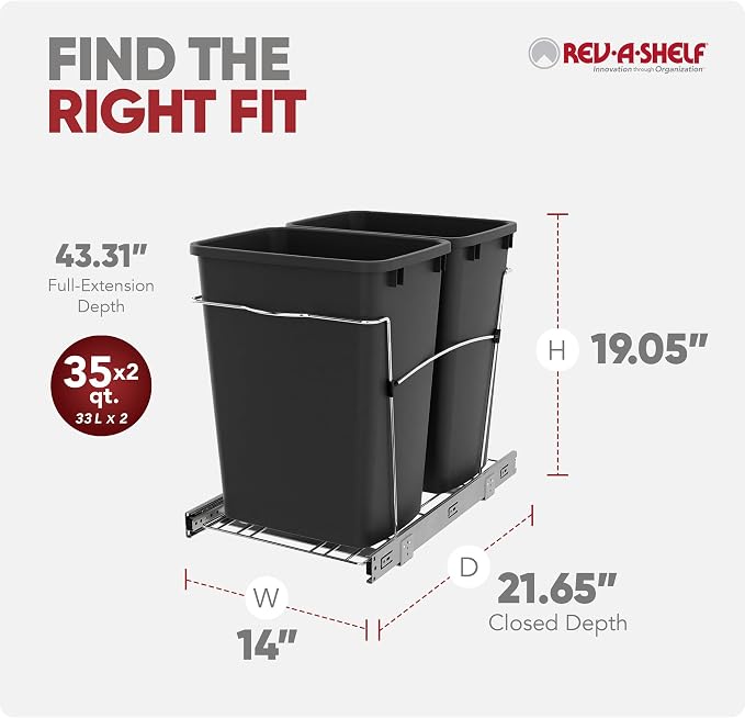 Rev-A-Shelf Double Pullout Garbage Trash Cans for Kitchen Cabinets, 35 Qt | Large Capacity Waste/ Recycling Bins, Heavy Gauge Wire Construction, with Full Extension Slides, Black, RV-18KD-18C S - Image 3