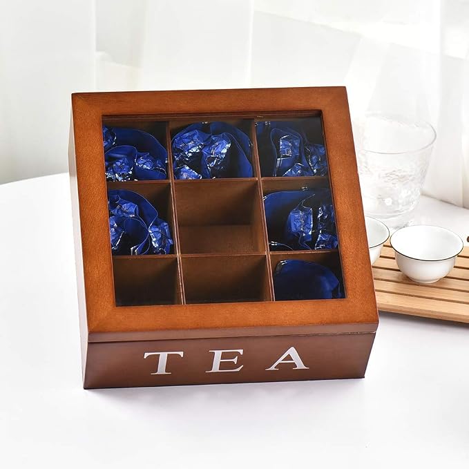 Wood Tea Storage Box, Teabag Storing 9 Compartments Wooden Tea Box Hinged Glass Lid Tea Organizer-Brown - Image 5