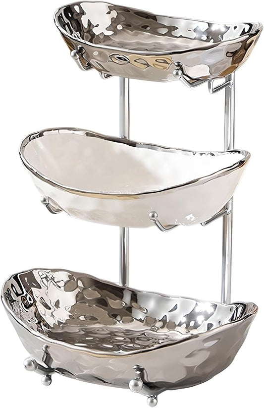 XUDREZ 3 Tier Fruit Bowl with Metal Stand for Kitchen Counter, Ceramic White Gold Silver, Tiered Fruit Basket for Nuts, Snacks, Bread, Candy Storage (Silver) by XUDREZ