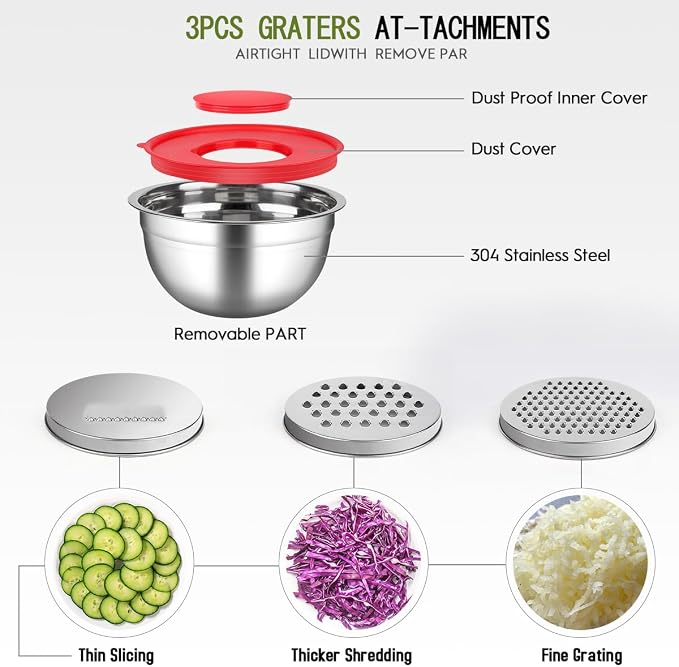 JUJOJB Mixing Bowls With Lids Set,Stainless Steel Mixing Bowls Set With 3 Grater,Metal Nesting Bowls For Kitchen Baking Refrigerator Meal Prep Food Organizer,7 Size(Multicolor) - Image 4