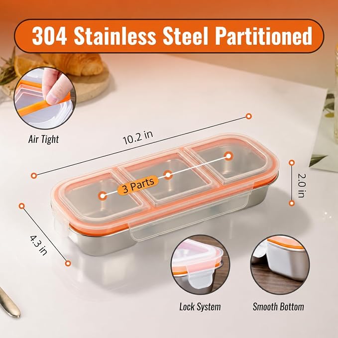 Set of 3 Pack Stainless Steel Snack Container,3 Compartment Bento Lunch Box with Leakproof Grey & Orange Lid,Reusable Metal Food Storage Container,Portable Snack Box for Work,1.5 lb Capacity - Image 2