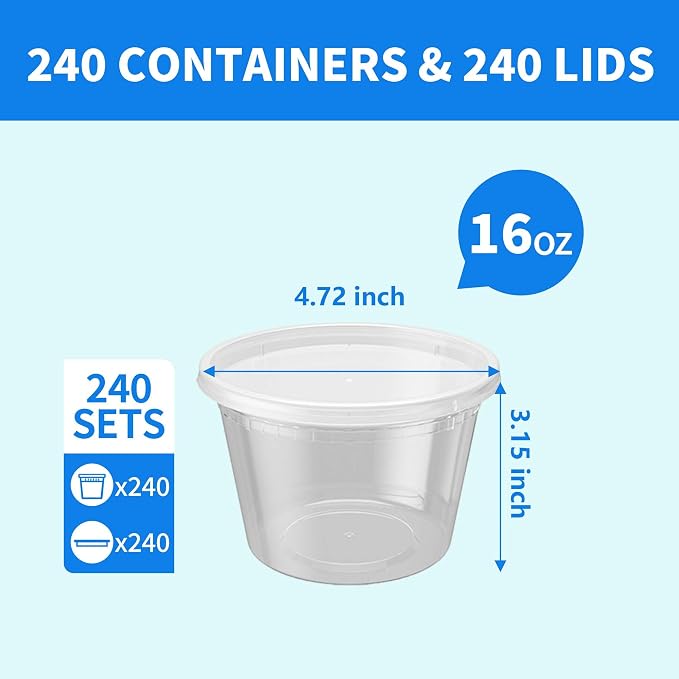 Plastic Deli Containers with Lids, 240 Sets 16 oz Leakproof Soup Cups | Complete Sets With Matching Lids, BPA Free PP Material, Leakproof Seal, Microwave & Freezer Safe, Stackable Meal Prep Vessels - Image 2