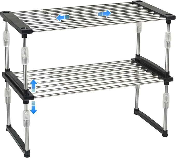 2Pack Expandable Cabinet Organizer 11.8~19.6 x 7.8 x 6~9 - Black | Width & Height-adjustable Kitchen Cabinet Organizer Shelf, Stackable Kitchen Counter Shelf by Carrotez