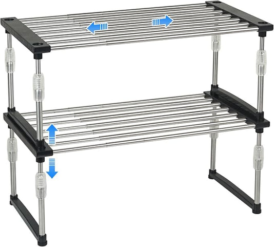 2Pack Expandable Cabinet Organizer 11.8~19.6 x 7.8 x 6~9 - Black | Width & Height-adjustable Kitchen Cabinet Organizer Shelf, Stackable Kitchen Counter Shelf by Carrotez