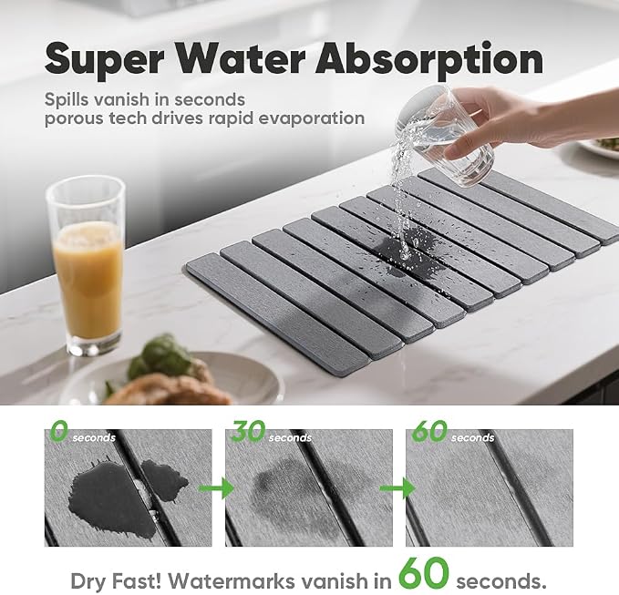 Stone Drying Mat for Kitchen Counter, Quick Diatomaceous Earth Mats for Dishes, 24"L x 16" W Super Absorbent Fast-Drying Collapsible Countertop Stone Mat (Light Grey, 24" x 16") - Image 2