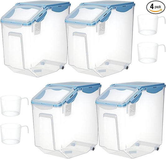 4 Pack Rice Storage Container With Wheels Plastic Airtight Lid Flour Container Bin for Dog Pet Cereal Grain Dry Food, 15 Liter / 30 lbs (Blue) by Umigy