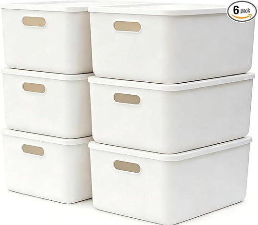 6 Piece Plastic Storage Baskets Boxes with Lids, 11.8x8x4.7 Inch Stackable Organizing Bins with Handles, White Versatile Containers for Pantry, Bathroom, Closet Shelves Desktop (White, 6M) by Amyup