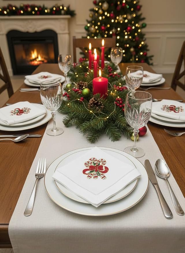 Embroidered Cloth Napkin – Red Candy Cane Christmas Cotton Napkins, Set of 6, 20x20 Hemstitch Table Napkin – Machine Washable – Ideal for Daily Use, Giving - Image 3