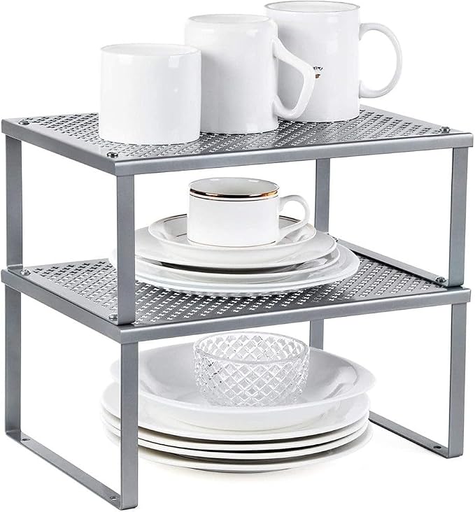 SONGMICS Spice Racks, Set of 2 Metal Cabinet Shelf Organizers, Countertop Organizers, Shelf Risers, Stackable, Expandable, Silver UKCS01SV (Pack of 2) - Image 6