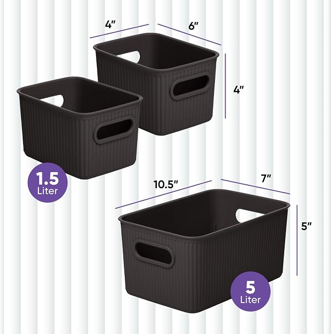Superio Ribbed Collection - Decorative Plastic Basket Open Home Storage Bins Organizer, Brown (Set of 3) 1 Medium, 2 Small - Container Boxes for Organizing Closet Storage Bins for Shelves - Image 2