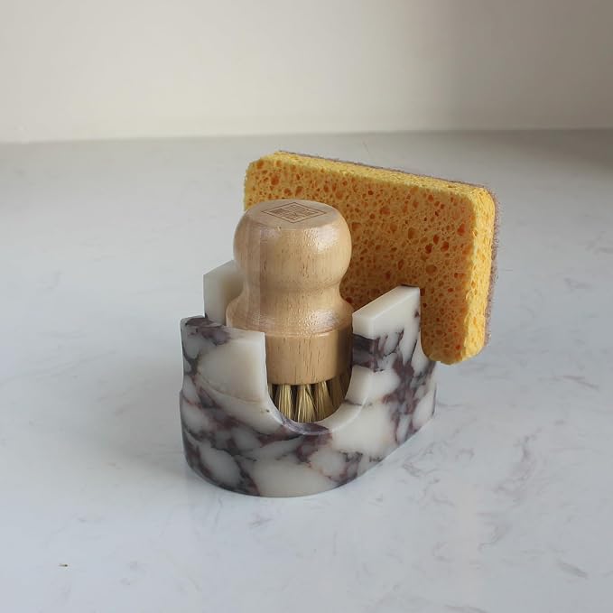 Natural Travertine Marble 2-Slot Sponge Holder for Kitchen Counter, 2-in-1 Stone Drying Rack, Sponge Caddy for Sink Organizer - Calacatta Viola Marble - Image 3