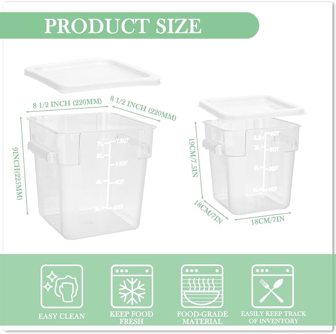 Lallisa 4 Pcs 8qt & 4qt Clear Food Storage Containers with Lids Handles and Scales, Stackable Plastic Square Food Storage Containers for Dough Proofing Baking Kitchen Restaurant(White) - Image 5