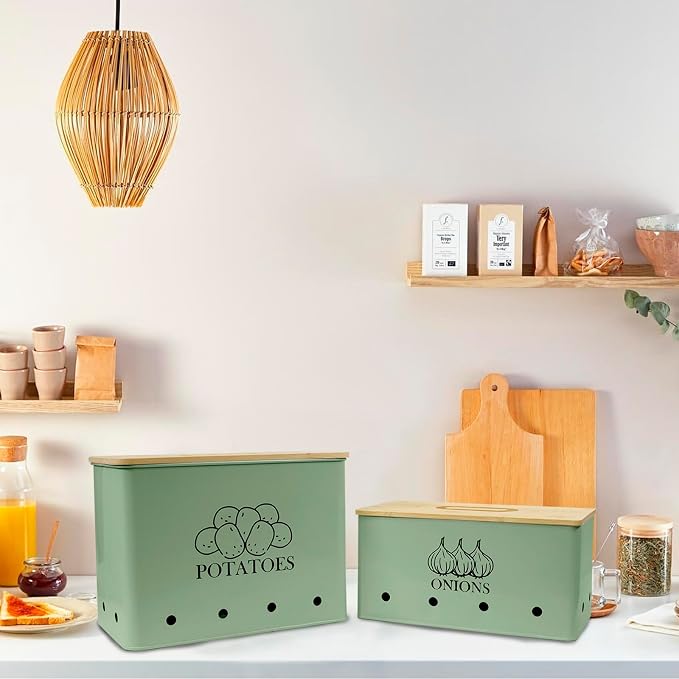 Potato and Onion Storage Bin Set of 2, Vented Metal Vegetable Storage with Wooden Lids, Farmhouse Kitchen Canisters for Countertop Pantry Organizer, Potato Bin Onion Holder for Produce Storage, Green - Image 5